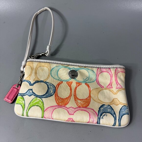 COACH Hampton Scribble White and Multicolor Pastel 'C' Logo Wristlet - Picture 1 of 14